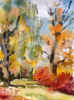 Watercolor colorful bright textured abstract background handmade . Mediterranean landscape . Painting of the park in autumn