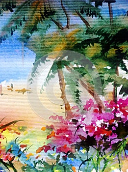 Watercolor colorful bright textured abstract background handmade . Mediterranean landscape . Painting of the sea coast