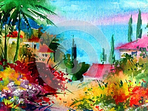 Watercolor colorful bright textured abstract background handmade . Mediterranean landscape . Painting of the sea coast