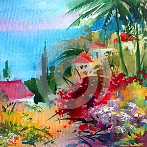 Watercolor colorful bright textured abstract background handmade . Mediterranean landscape . Painting of the sea coast