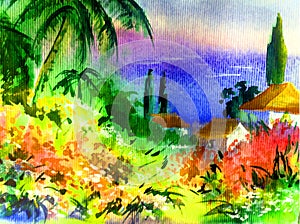 Watercolor colorful bright textured abstract background handmade . Mediterranean landscape . Painting of sea coast