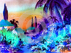 Watercolor colorful bright textured abstract background handmade . Mediterranean landscape . Painting of sea coast