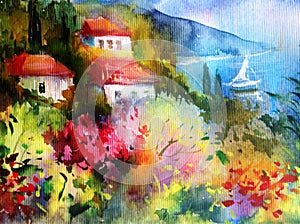 Watercolor colorful bright textured abstract background handmade . Mediterranean landscape . Painting of village