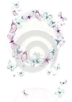 Watercolor colorful butterflies wreath, isolated butterfly on white background. blue, yellow, pink and red butterfly