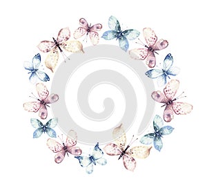 Watercolor colorful butterflies wreath, isolated butterfly on white background. blue, yellow, pink and red butterfly