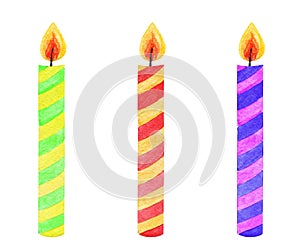 Watercolor colorful candles with stripes set isolated on white background