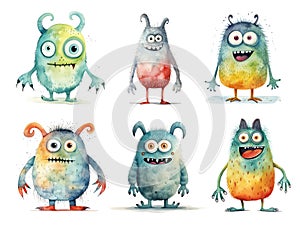 Watercolor Colorful Collection of Six Cartoon Monsters isolated on white background