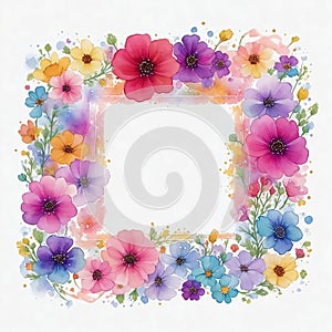 Watercolor colorful cosmos flower frame illustration design on isolated white background