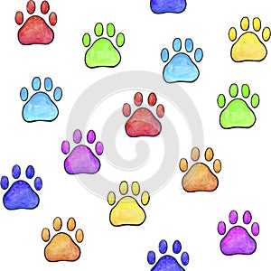 Watercolor colorful dogs paw print Rainbow cats paw seamless pattern Easy for design fabric, textile, wrapping paper