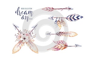 Watercolor colorful ethnic set of arrows and flowers in native American style.Tribal Navajo isolated illustration