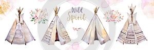 Watercolor colorful ethnic set of teepee and flowers bouquets in native American style.Tribal Navajo isolated wigwam