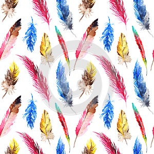 Watercolor colorful feather seamless pattern background texture