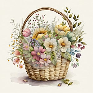 Watercolor colorful flowers in the basket. Floral composition on white background. Cute wildflowers. Generative Ai