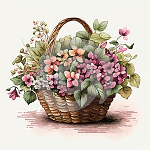 Watercolor colorful flowers in the basket. Floral composition on white background. Cute wildflowers. Generative Ai
