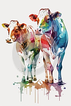 Watercolor colorful illustration of a cows sketch. Watercolor farm animals