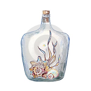 Watercolor colorful illustration of underwater life in a glass bottle
