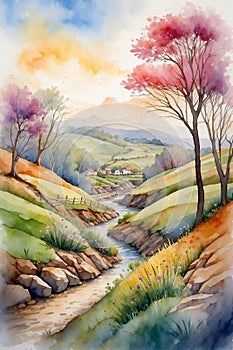 Watercolor colorful landscape with creek and hills