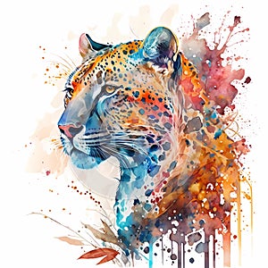 Watercolor colorful leopard face painting. Realistic wild animal illustration. Created with Generative AI technology