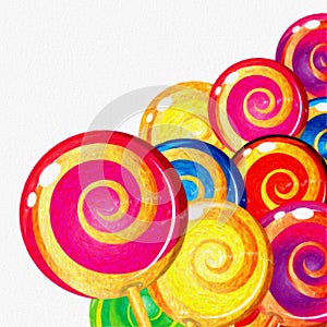 Watercolor colorful Lollipops on white background. Sweet food