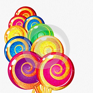 Watercolor colorful Lollipops on white background. Sweet food ba