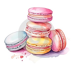 Watercolor colorful macarons isolated on white background