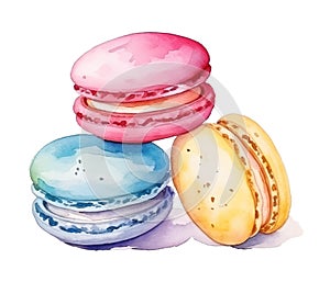 Watercolor colorful macarons isolated on white background