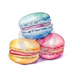 Watercolor colorful macarons isolated on white background