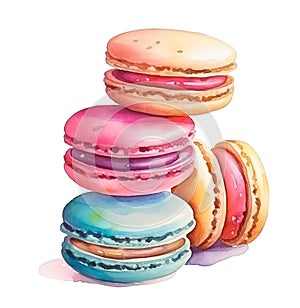 Watercolor colorful macarons isolated on white background