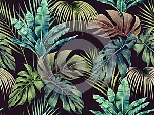 Watercolor colorful monstera,coconut,banana leaves seamless pattern background.Watercolor painting illustration tropical exotic le