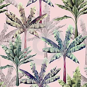 Watercolor colorful painting tree,banana leaves seamless pattern on pink background.Watercolor hand drawn illustration tropical ex