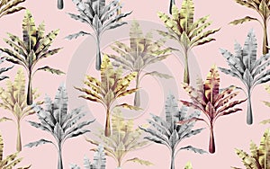 Watercolor colorful painting tree,banana leaves seamless pattern on pink background.Watercolor hand drawn illustration tropical ex