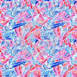 Watercolor colorful pink blue bird feather seamless pattern texture background