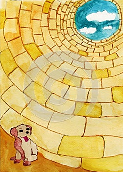 Watercolor colorful Puppy in the well painting .