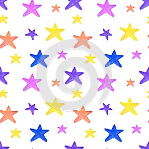 Watercolor colorful small stars seamless pattern isolated on white background. Hand painting cute illustration.