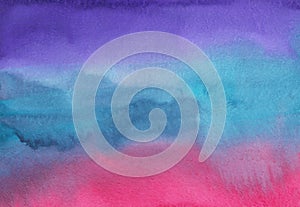 Watercolor colorful soft stripes background. Deep blue, purple, pink stains on paper backdrop. Abstract vivid watery overlay