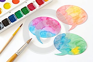 Watercolor Colorful Speech Bubbles Isolated Over White Background. Vector EPS 10