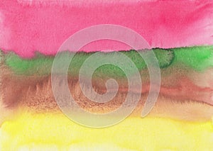 Watercolor colorful striped background texture. Yellow, pink, brown, green stripes on paper. Bright watercolour stains