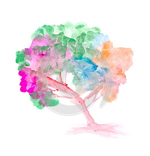 Watercolor colorful tree painting, Abstract watercolor brush hand drawn illustration