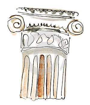 Watercolor column. Watercolor handmade drawing capitals