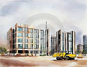 Watercolor of Commercial building construction site with heavy
