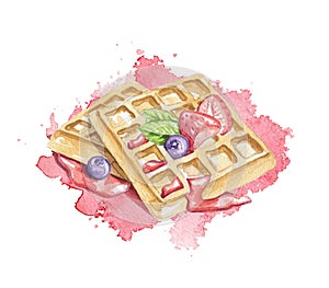 Watercolor composition with Belgian waffles, berries and red jam