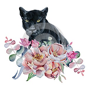 Watercolor composition with black wiled panther and flowers peonies , anemone