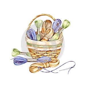 watercolor composition with embroidery tools, hand drawn sketch of handiwork with needlework basket, pastel flosses