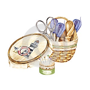 watercolor composition with embroidery tools, hand drawn sketch of handiwork with needlework basket, scissors, flosses