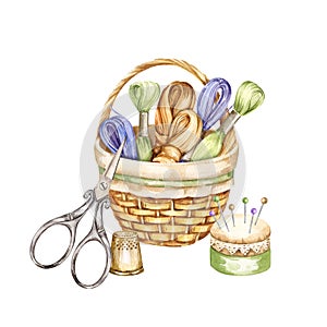 watercolor composition with embroidery tools, hand drawn sketch of handiwork with needlework basket, scissors, thimble