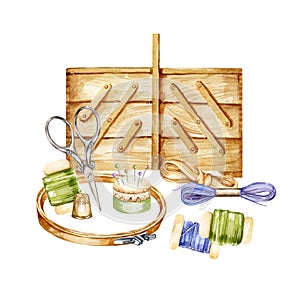 watercolor composition with embroidery tools, hand drawn sketch of handiwork with needlework wooden box, scissors