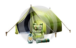 Watercolor composition with green camping tent, oil kerosene lantern and camping backpack, rolled up blanket and