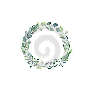 Watercolor composition with green twigs on white background. Wreath, border, frame