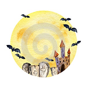 watercolor composition of halloween theme with moon, tower, headstone, funeral and bats on watercolor moon background