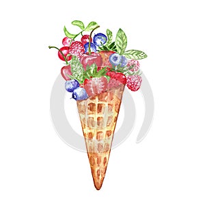 Watercolor composition with hand painted berries and ice cream in a waffle cone. Strawberry, blueberry, raspberries, cherry,